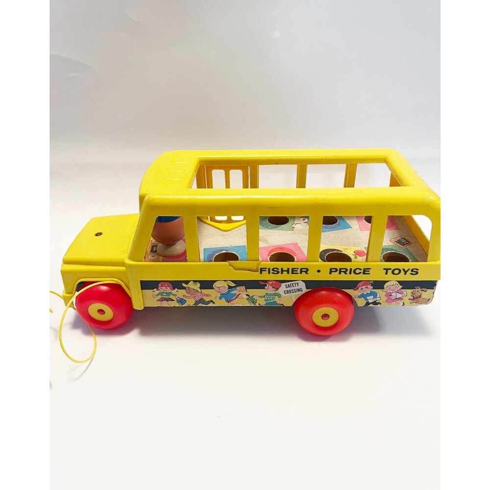 Vintage 1960's Fisher Price School Bus Pull Toy Little People #192 Yellow Wood